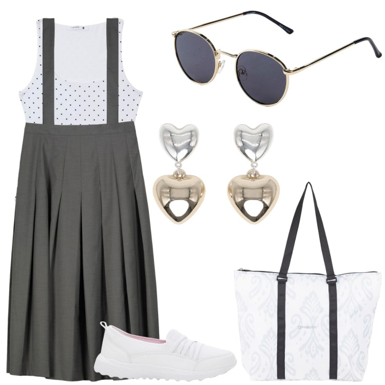 Outfit donna - Semplice. Stile Casual chic per Tutti i giorni. Abbinamento con sneakers, occhiali da sole, orecchini, canottiere, shopping bag, gonne lunghe.