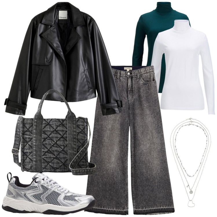 Outfit donna - Giacca in simil pelle. Stile Glamour per Tutti i giorni. Abbinamento con maglieria, jeans, borse a mano, collane, sneakers, trench.