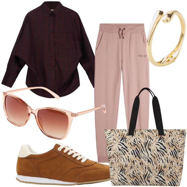 Outfit donna - In libertà. Stile Casual chic per Tutti i giorni. Abbinamento con braccialetti, occhiali da sole, sneakers, pantaloni, shopping bag, camicie.