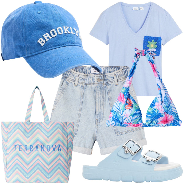 Outfit donna - Un sabato da mare. Stile Trendy per Mare. Abbinamento con t-shirt, ciabatte, shorts, cappelli, bikini, borse tote.
