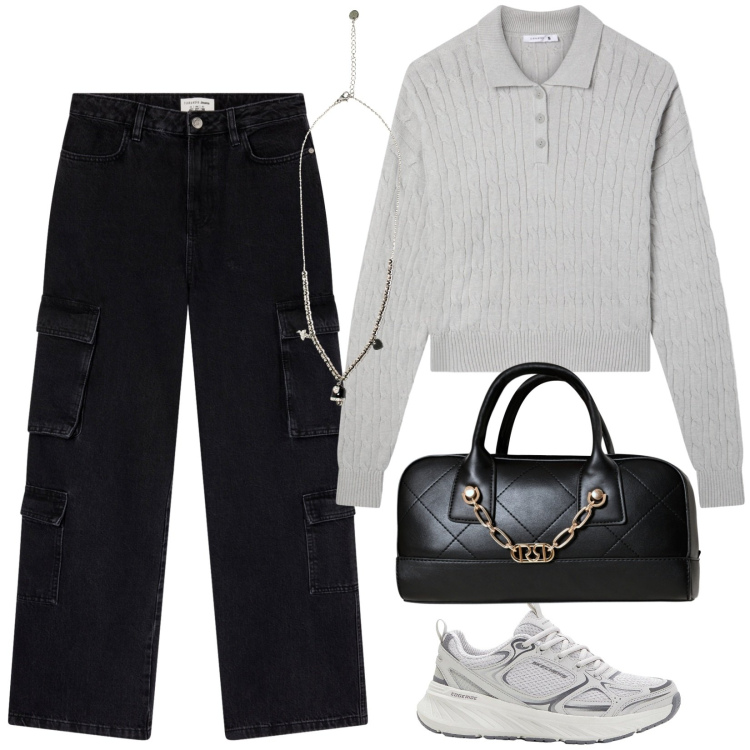 Outfit donna - La polo grigia. Stile Casual per Scuola/Università. Abbinamento con sneakers, jeans, t-shirt, borse a mano, ciondoli.