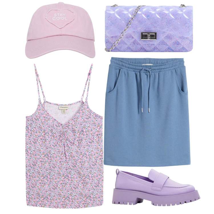 Outfit donna - Qualcosa di viola. Stile Basic per Tutti i giorni. Abbinamento con top, gonne, mocassini, borse a tracolla, cappelli.