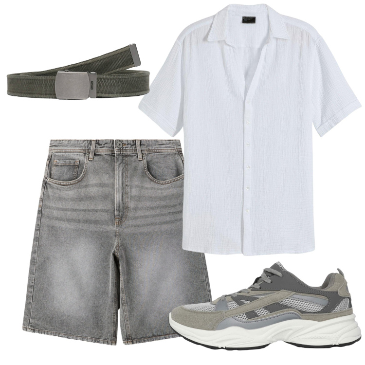 Outfit uomo - Per una serata. Stile Trendy per Tutti i giorni. Abbinamento con camicie a manica corta, cinture, sneakers, bermuda.