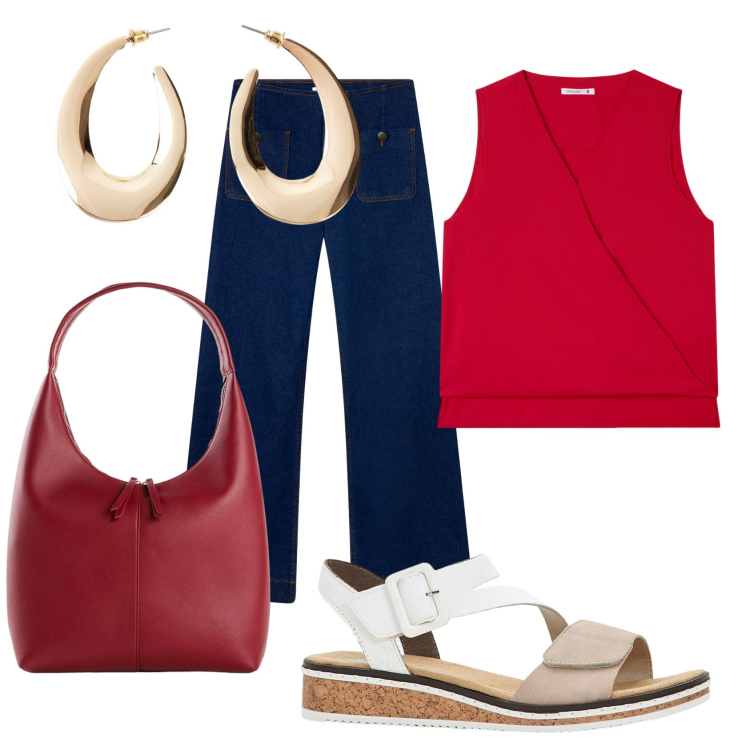 Outfit donna - Orecchini maxi. Stile Casual chic per Tutti i giorni. Abbinamento con sandali, shopping bag, orecchini, bluse, jeans.