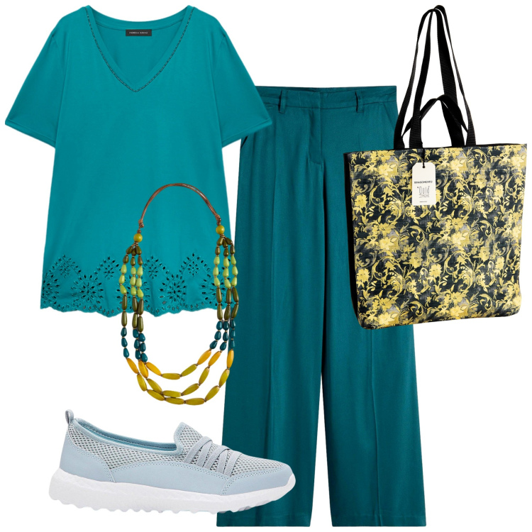 Outfit donna - Per signora. Stile Casual per Tutti i giorni. Abbinamento con pantaloni, sneakers, borse tote, collane, bluse.