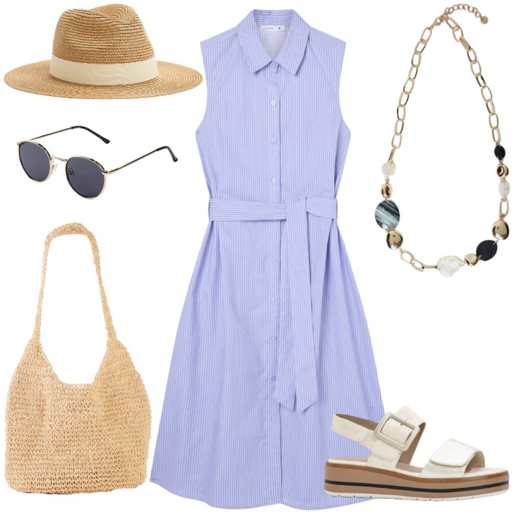 Outfit donna - Abito Chemisier. Stile Romantica per Mare. Abbinamento con occhiali da sole, sandali, shopping bag, cappelli, vestiti chemisier, collane.