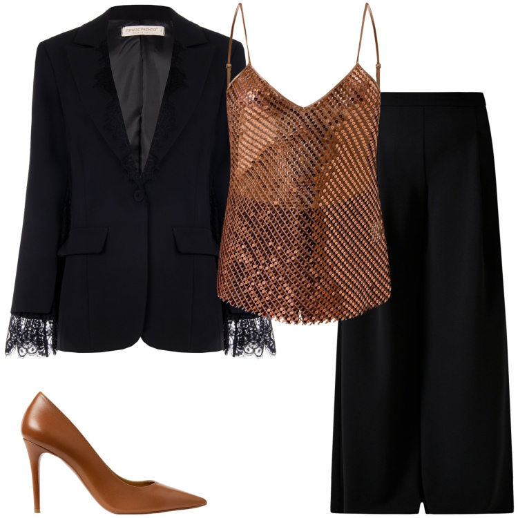Outfit donna - New collection Rinascimento. Stile Chic per Cerimonia. Abbinamento con blazer, canottiere, pantaloni a palazzo, décolleté.