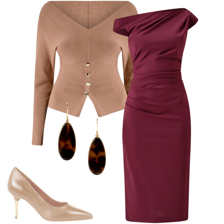Outfit donna - New collection Rinascimento. Stile Casual chic per Serata fuori. Abbinamento con vestiti a tubino, maglieria, décolleté, orecchini.