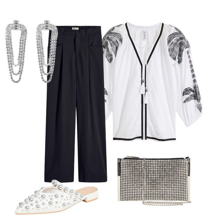 Outfit donna - Una tunica per la serata. Stile Glamour per Serata fuori. Abbinamento con pantaloni a palazzo, tuniche, ballerine, orecchini, pochette.