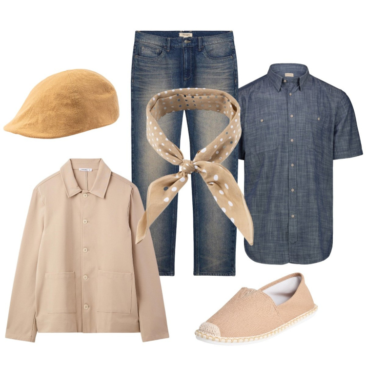Outfit uomo - Total look #2237675. Stile Trendy per Tutti i giorni. Abbinamento con jeans dritti, cappotti, espadrillas, cappelli con visiera, sciarpe e foulard, camicie a manica corta.