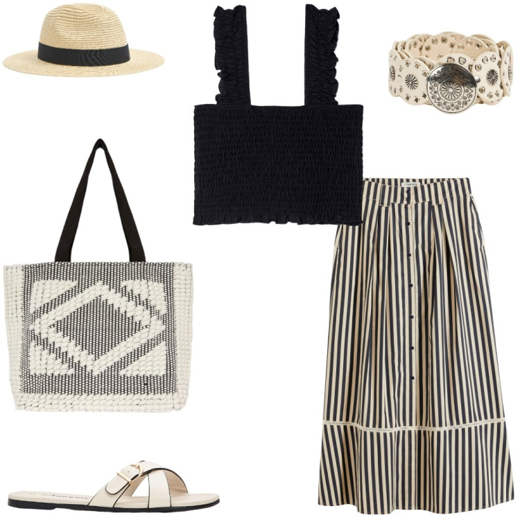 Outfit donna - Maxi gonna. Stile Romantica per Mare. Abbinamento con gonne lunghe, ciabatte, cappelli, top, cinture, shopping bag.