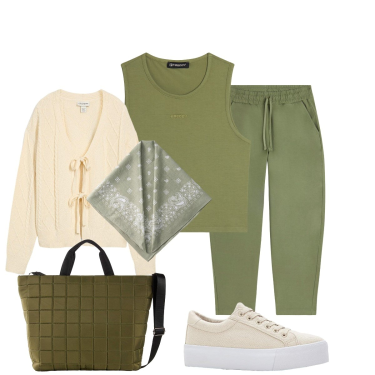 Outfit donna - Tonalità ….verdi. Stile Casual chic per Tutti i giorni. Abbinamento con cardigans, shopping bag, sneakers, pantaloni, top, foulard.