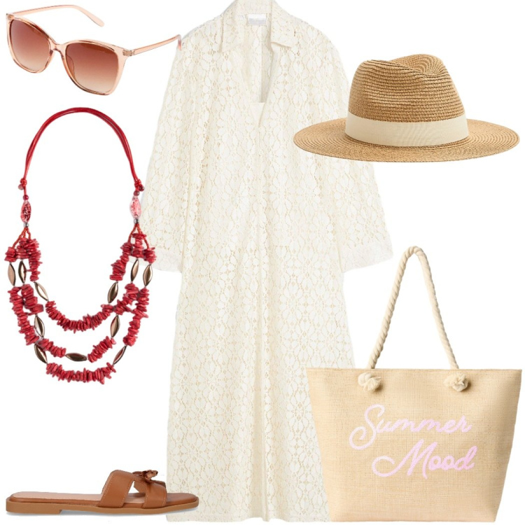 Outfit donna - Vacanze a settembre. Stile Etnico per Tutti i giorni. Abbinamento con vestiti chemisier, occhiali da sole, cappelli, borse tote, ciabatte, collane.