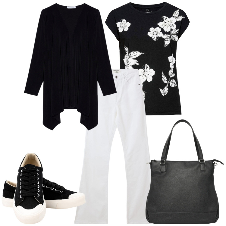 Outfit donna - Total look #2237681. Stile Casual per Tutti i giorni. Abbinamento con maglieria, jeans a zampa, shopping bag, blazer, sneakers.