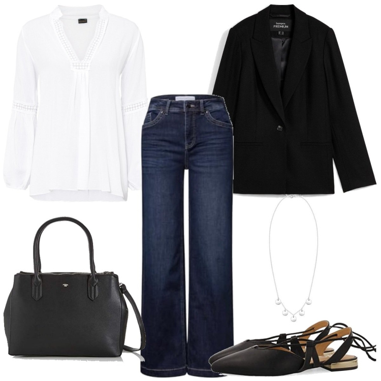 Outfit femme - Simple et jolie. Style Tendance pour Bureau. Assortir avec blazers, tuniques, jeans, ballerines, colliers, sac cabas.