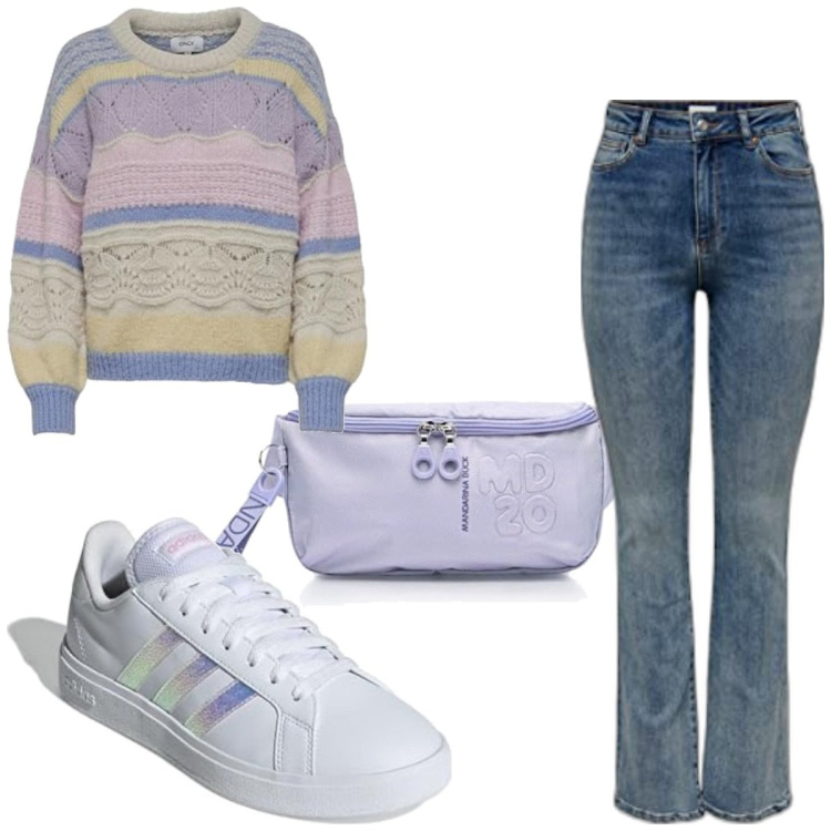Outfit femme - Un bon pull. Style Urban pour Tous les jours. Assortir avec jean patte d'éléphant, pulls, sneakers, sacs banane.