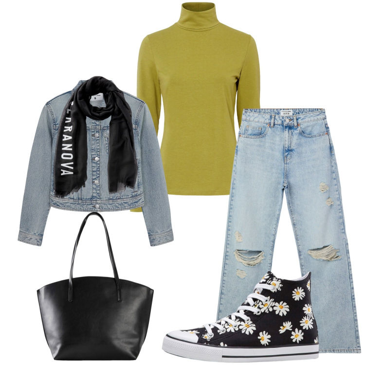 Outfit donna - Le sneakers a fiori. Stile Casual per Tutti i giorni. Abbinamento con sneakers alte, maglieria, shopping bag, jeans strappati, foulard, blazer.