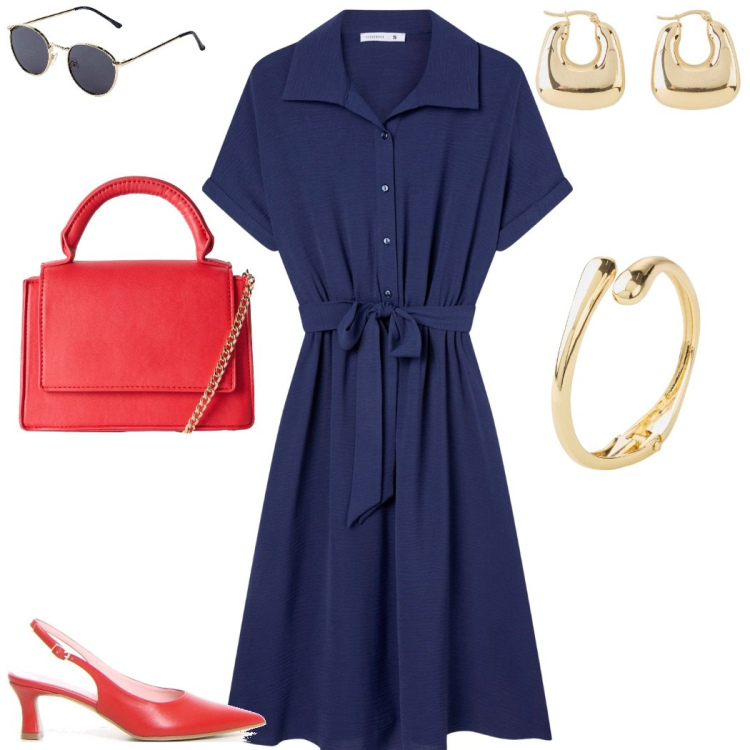 Outfit donna - Accessori rossi. Stile Bon Ton per Ufficio. Abbinamento con occhiali da sole, orecchini, braccialetti, vestiti chemisier, borse a tracolla, décolleté.
