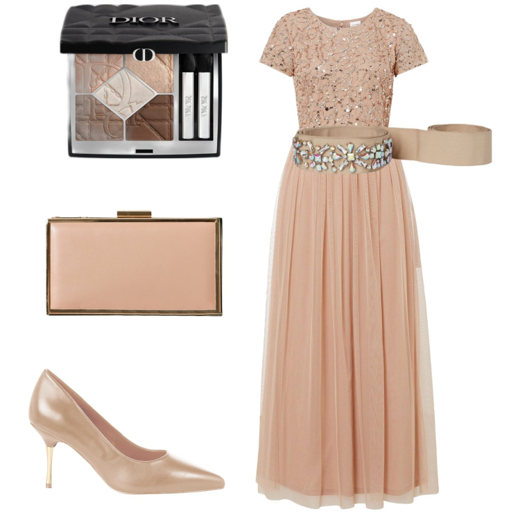 Outfit donna - La damigella della sposa. Stile Romantica per Cerimonia. Abbinamento con vestiti lunghi, ombretti, décolleté, pochette, cinture.