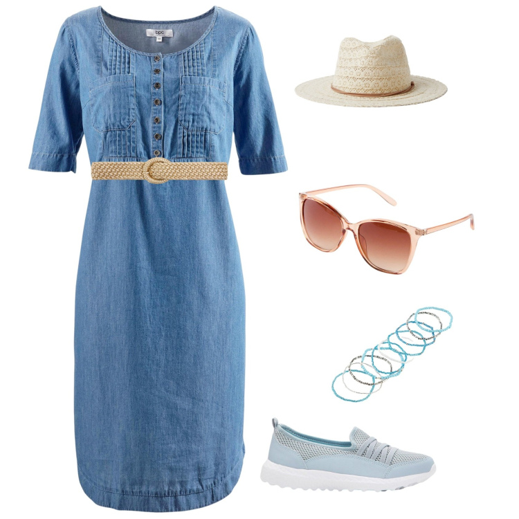 Outfit donna - Total look #2237696. Stile Casual per Tutti i giorni. Abbinamento con vestiti midi/longuette, sneakers, braccialetti, occhiali da sole, cappelli, cinture.