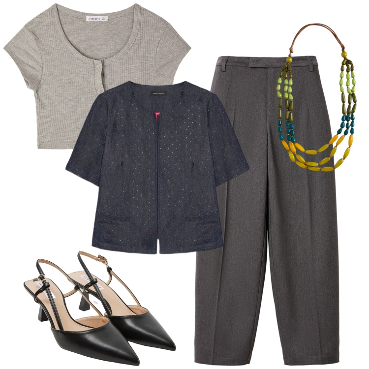 Outfit donna - Total look #2237697. Stile Minimal per Tutti i giorni. Abbinamento con pantaloni, sabot, top, collane, blazer.