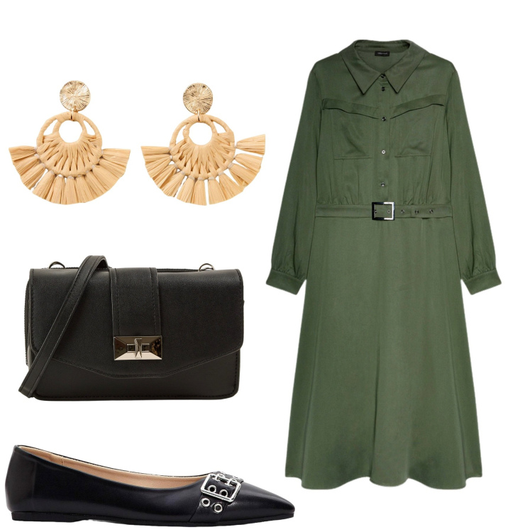 Outfit donna - Total look #2237699. Stile Minimal per Ufficio. Abbinamento con ballerine, orecchini, borse a tracolla, vestiti lunghi.