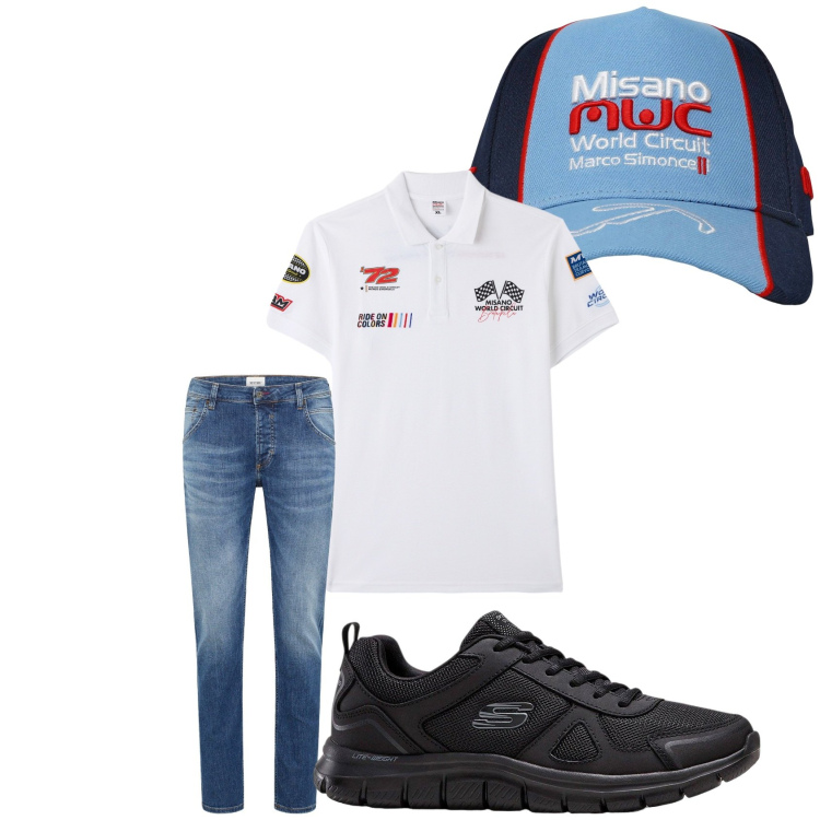 Outfit uomo - Total look #2237700. Stile Casual per Tutti i giorni. Abbinamento con sneakers, jeans dritti, cappelli, polo.