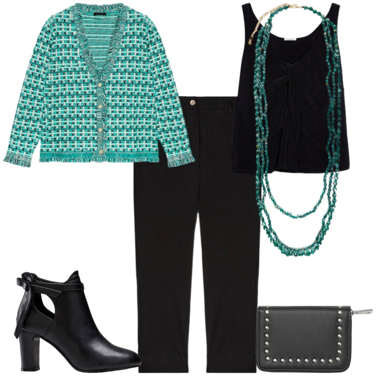 Outfit donna - Autunno con stile. Stile Casual chic per Ufficio. Abbinamento con stivaletti, portafogli, cardigans, pantaloni chino, top, collane.