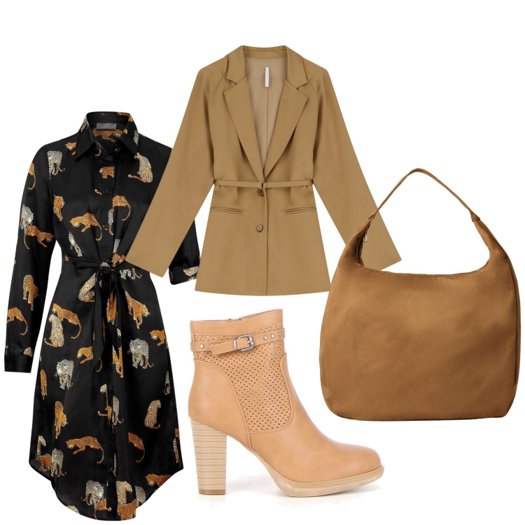 Outfit donna - Abito pre autunno. Stile Casual chic per Tutti i giorni. Abbinamento con vestiti chemisier, borse a mano, blazer, stivaletti.