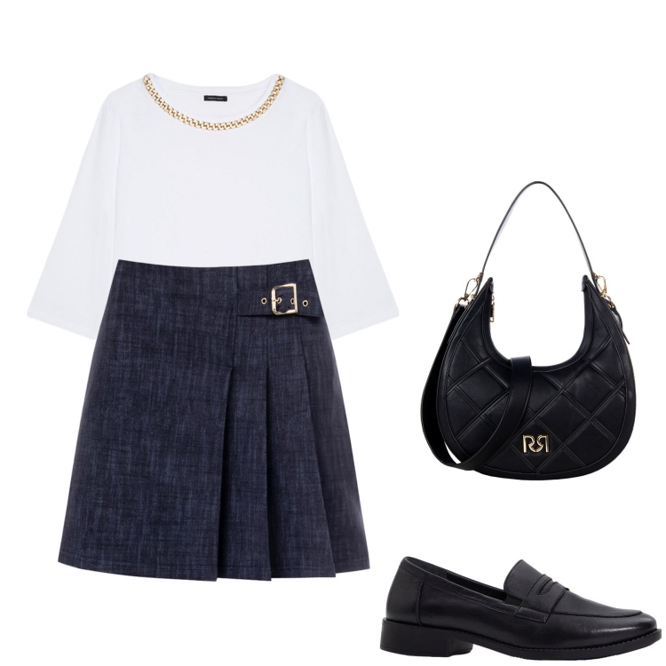 Outfit donna - Back to school. Stile Bon Ton per Scuola/Università. Abbinamento con mocassini, minigonne, borse a tracolla, t-shirt.