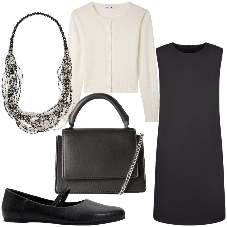 Outfit donna - Bon ton. Stile Bon Ton per Ufficio. Abbinamento con ballerine, cardigans, borse a tracolla, vestiti lunghi, collane.