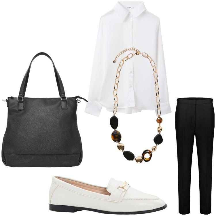 Outfit donna - Bentornata prof.. Stile Bon Ton per Scuola/Università. Abbinamento con mocassini, camicie, shopping bag, pantaloni, collane.