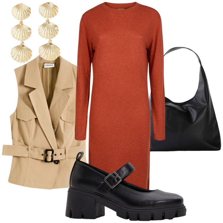 Outfit donna - Total look #2237718. Stile Urban per Tutti i giorni. Abbinamento con gilet, shopping bag, décolleté, orecchini, vestiti.
