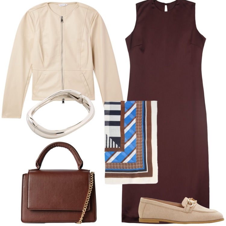 Outfit donna - Ufficio. Stile Minimal per Ufficio. Abbinamento con mocassini, braccialetti, blazer, borse a tracolla, vestiti midi/longuette, foulard.