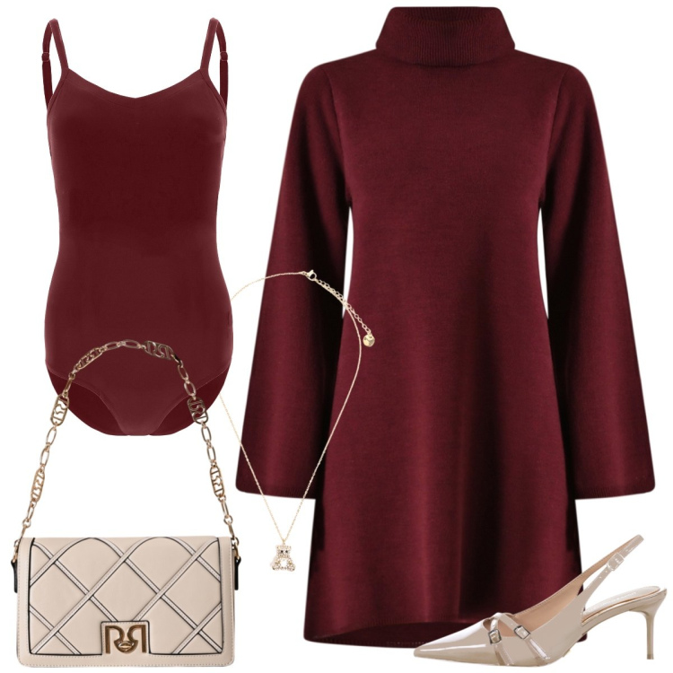 Outfit donna - Rosso autunno. Stile Chic per Tutti i giorni. Abbinamento con vestiti corti, décolleté, borse a tracolla, ciondoli, body.