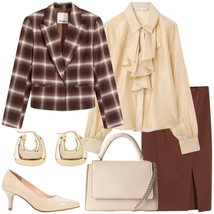 Outfit donna - Babygirl. Stile Bon Ton per Ufficio. Abbinamento con orecchini, gonne, décolleté, blazer, camicie, borse a tracolla.