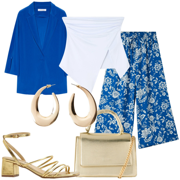 Outfit donna - Invito ad un evento. Stile Trendy per Tutti i giorni. Abbinamento con orecchini, sandali col tacco, borse a tracolla, pantaloni a palazzo, top, blazer.