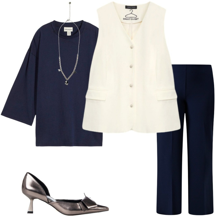 Outfit donna - Fall collection. Stile Casual chic per Ufficio. Abbinamento con t-shirt, pantaloni a palazzo, décolleté, ciondoli, gilet.