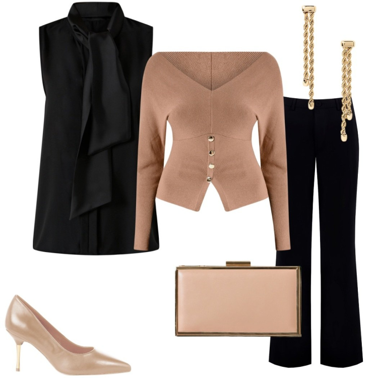 Outfit donna - New collection Rinascimento. Stile Chic per Serata fuori. Abbinamento con maglieria, top, pantaloni, décolleté, pochette, orecchini.