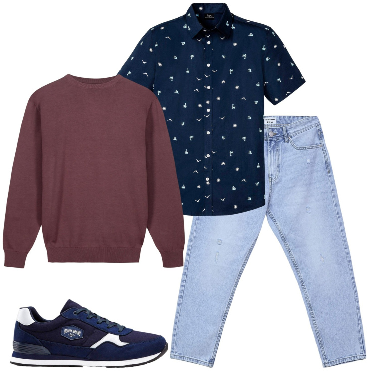 Outfit uomo - Total look #2237749. Stile Casual per Tutti i giorni. Abbinamento con sneakers, camicie a manica corta, jeans strappati, maglieria.