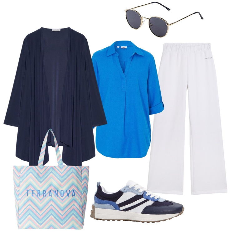Outfit donna - Total look #2237751. Stile Minimal per Tutti i giorni. Abbinamento con bluse, sneakers, occhiali da sole, borse tote, pantaloni, blazer.