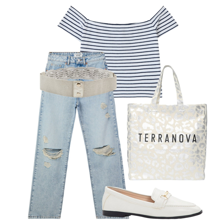 Outfit donna - Casual con stile. Stile Casual chic per Tutti i giorni. Abbinamento con mocassini, t-shirt, jeans strappati, cinture, borse tote.
