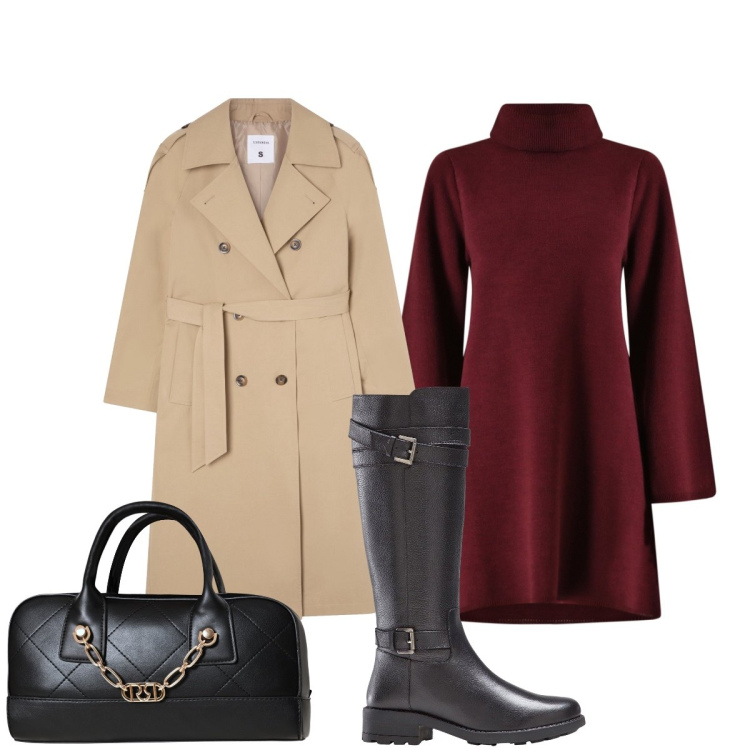 Outfit donna - Total look #2237757. Stile Bon Ton per Ufficio. Abbinamento con stivali, trench, vestiti corti, borse a mano.