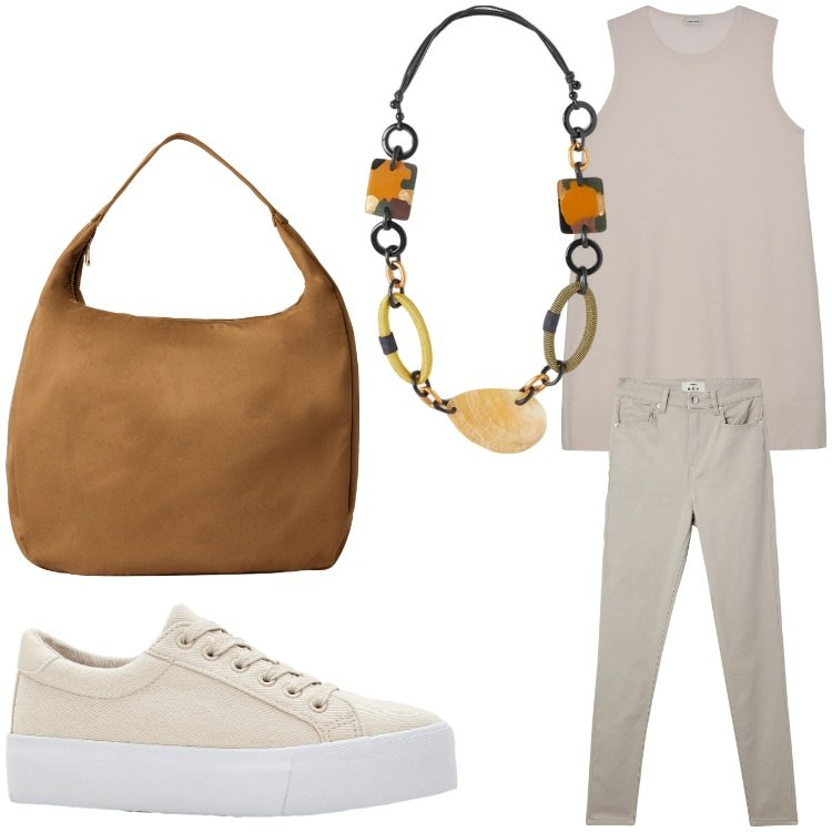 Outfit donna - Dinamica. Stile Casual per Tutti i giorni. Abbinamento con sneakers, pantaloni skinny, borse a mano, collane, bluse.