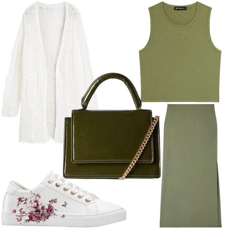 Outfit donna - Fiori e verde. Stile Sporty chic per Tutti i giorni. Abbinamento con cardigans, sneakers, gonne lunghe, borse a tracolla, top.