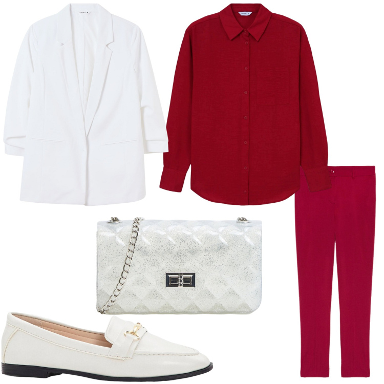 Outfit donna - Bordeaux. Stile Casual chic per Ufficio. Abbinamento con mocassini, borse a tracolla, blazer, camicie, pantaloni chino.