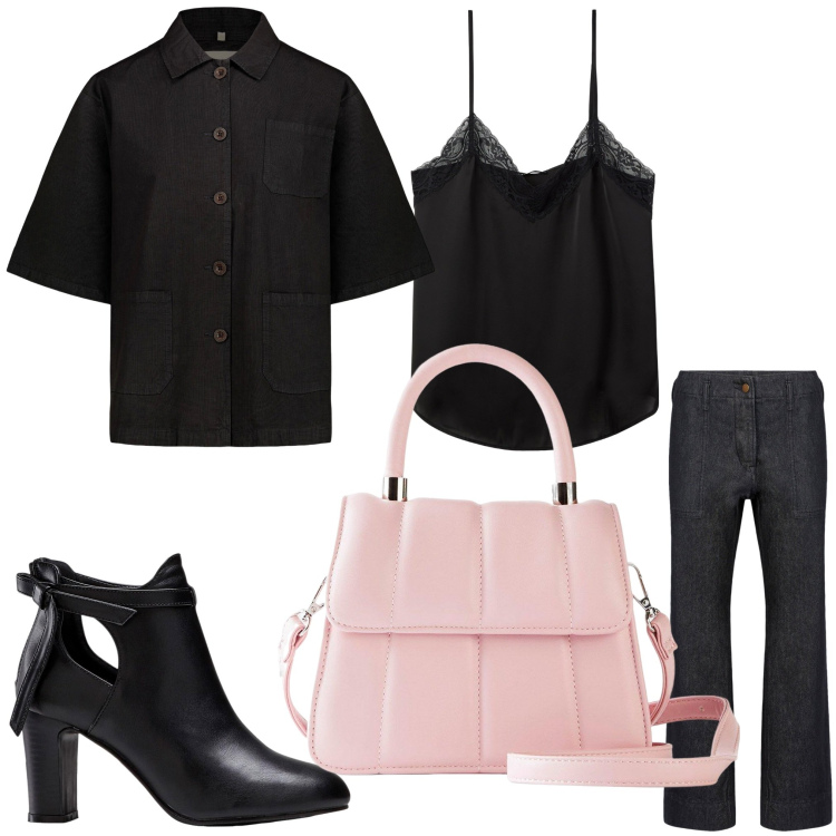 Outfit donna - Rosa e nero. Stile Casual chic per Serata fuori. Abbinamento con stivaletti, borse a tracolla, canottiere, blazer, pantaloni.