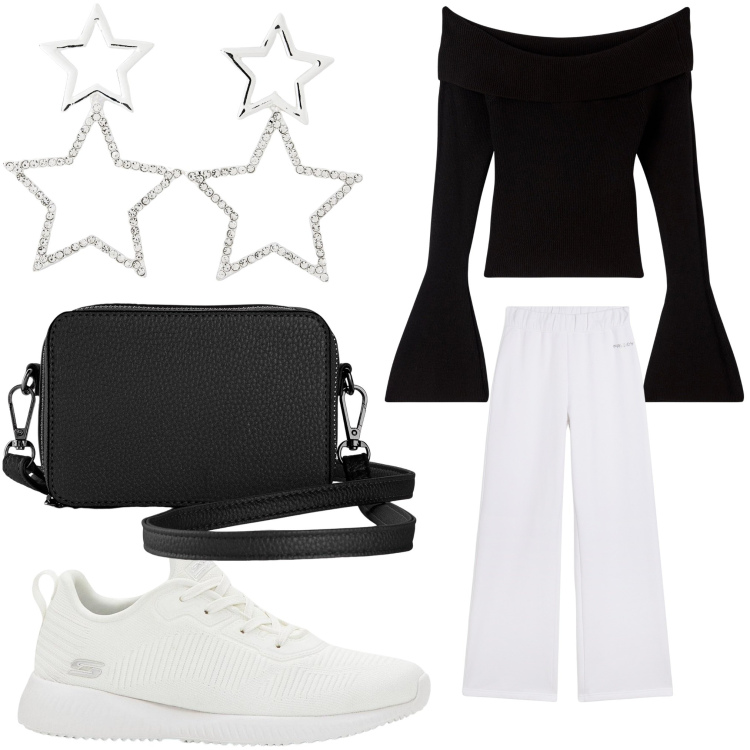 Outfit donna - Stelle. Stile Casual per Tutti i giorni. Abbinamento con borse a tracolla, sneakers, maglieria, orecchini, pantaloni.