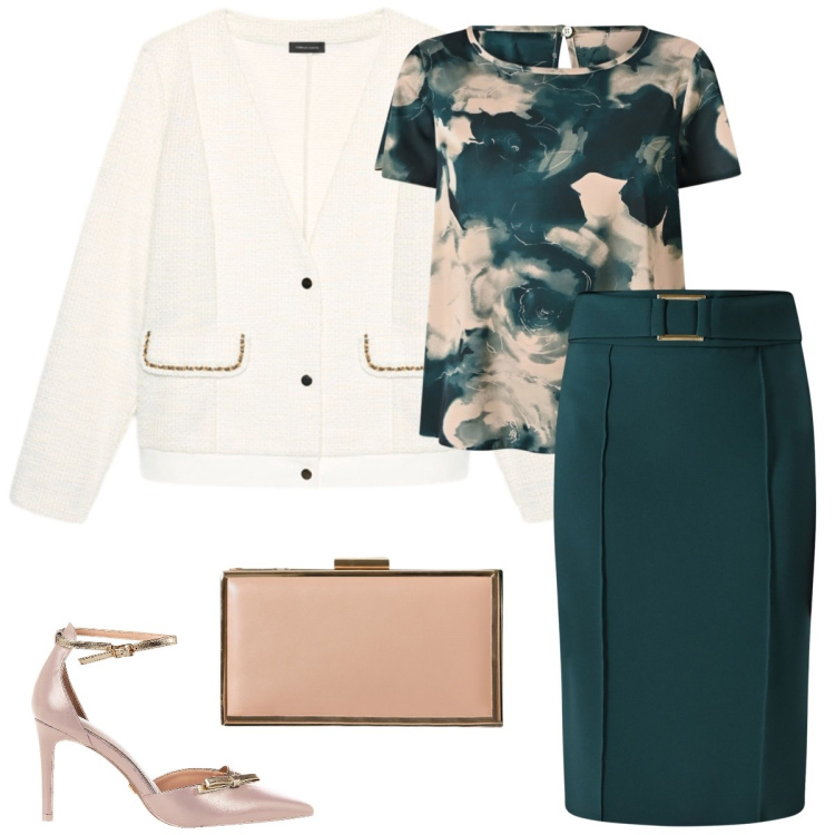 Outfit donna - Pranzo formale. Stile Chic per Tutti i giorni. Abbinamento con gonne, bluse, décolleté, pochette, blazer.