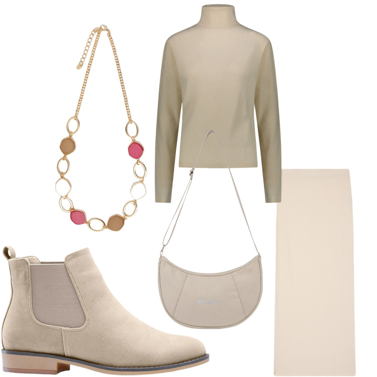 Outfit donna - Aperitivo in montagna. Stile Casual chic per Serata fuori. Abbinamento con stivaletti chelsea, gonne lunghe, borse a spalla, collane, pullovers.